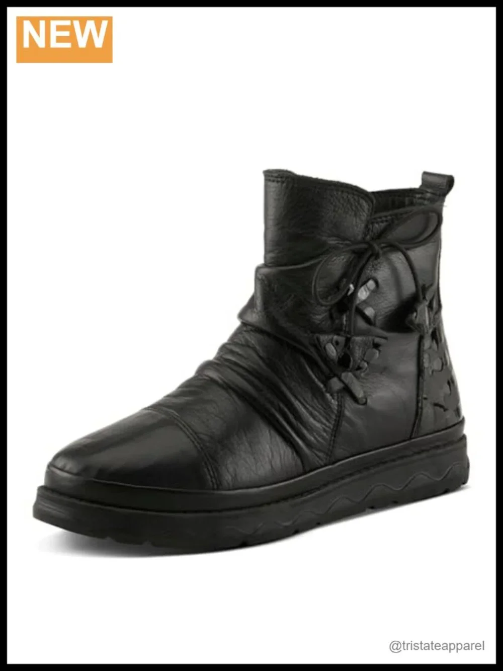 Genuine Leather Ankle Bootie with Ruched Design and Elastic Laces